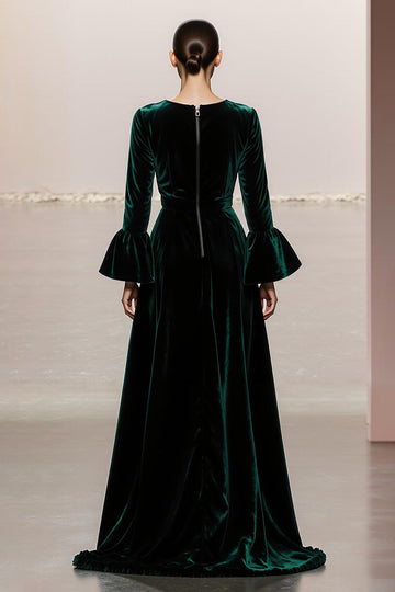 Dark Green A-Line Round Neck Long Sleeves Velvet Military Ball Dresses